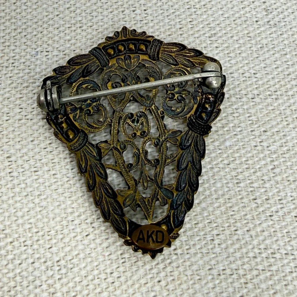 Anne Koplik Designs Filigree Shield Brooch Blue Rhinestone Faux‎ Pearl Enamel